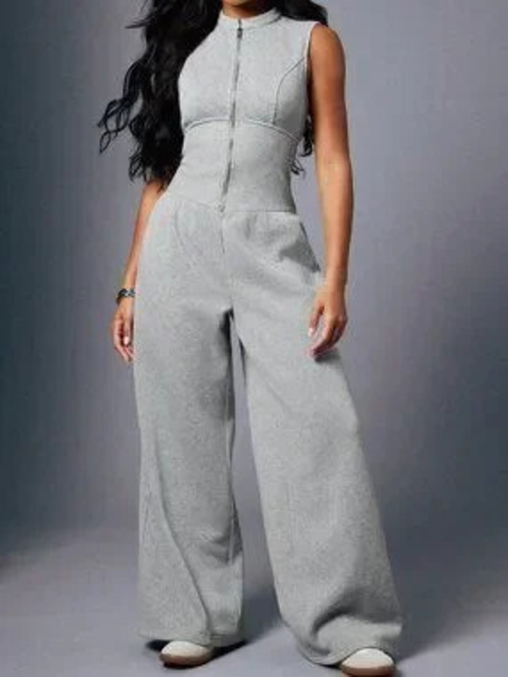 Grey Casual Women's Sexy Zip Through Sleeveless Sweatshirt Jumpsuit